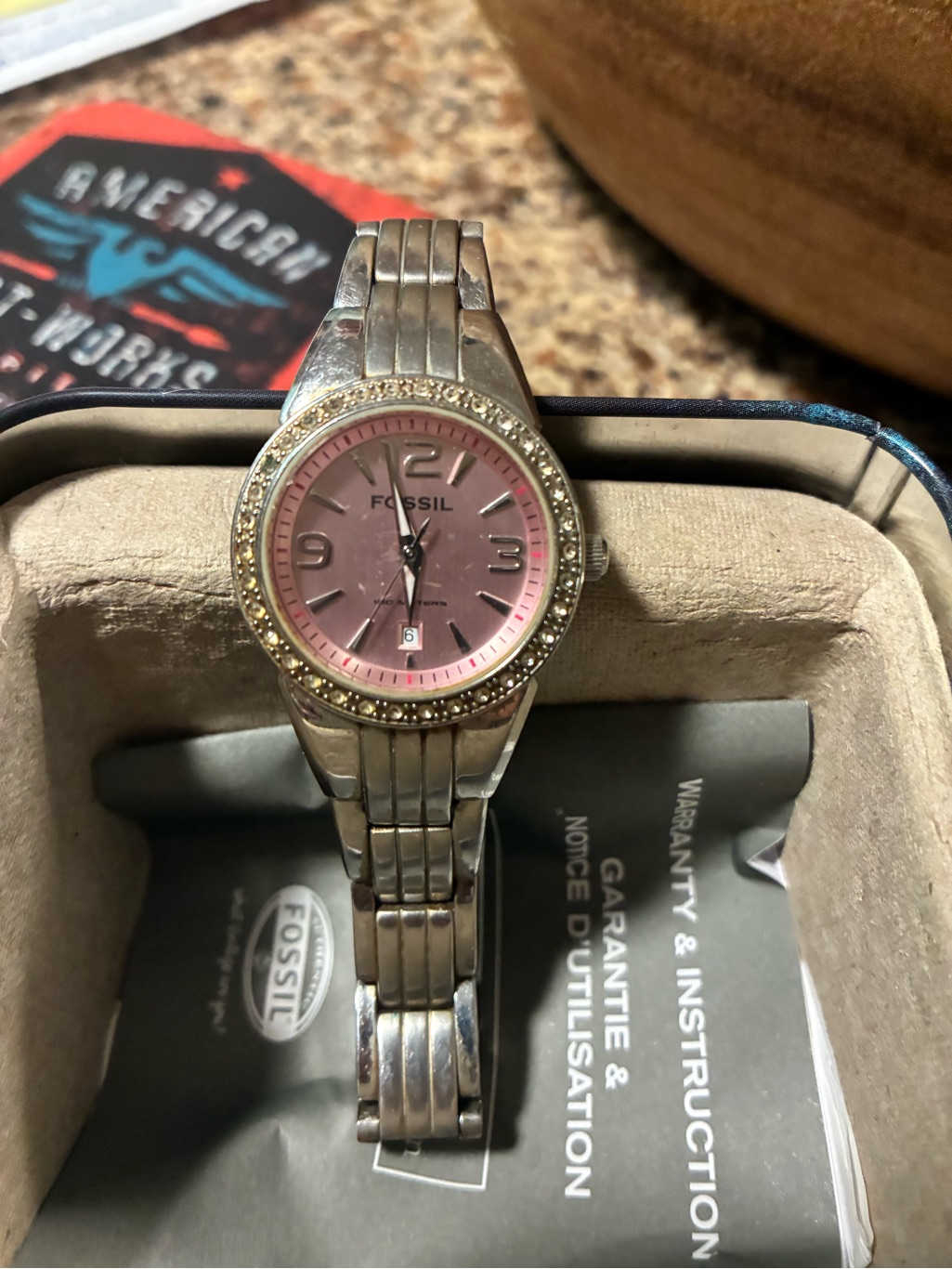 Fossil Ladies Silver Bracelet Watch With Pink Dial And Crystal Bezel